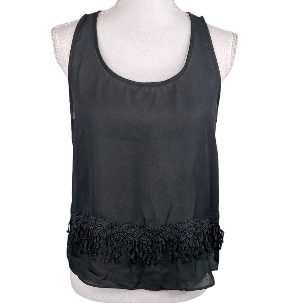 Timing Black Sheer Embroidered Boho Tassel Hem Tank Top Size Medium‎